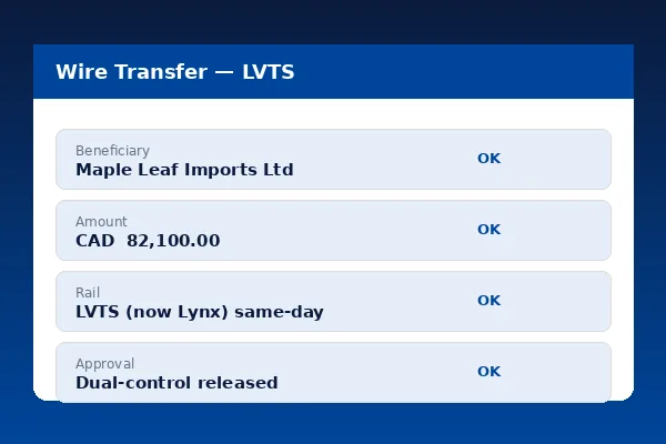 RBC Express wire transfer interface with Lynx routing to Canadian beneficiary and CAD to USD rate-locked window